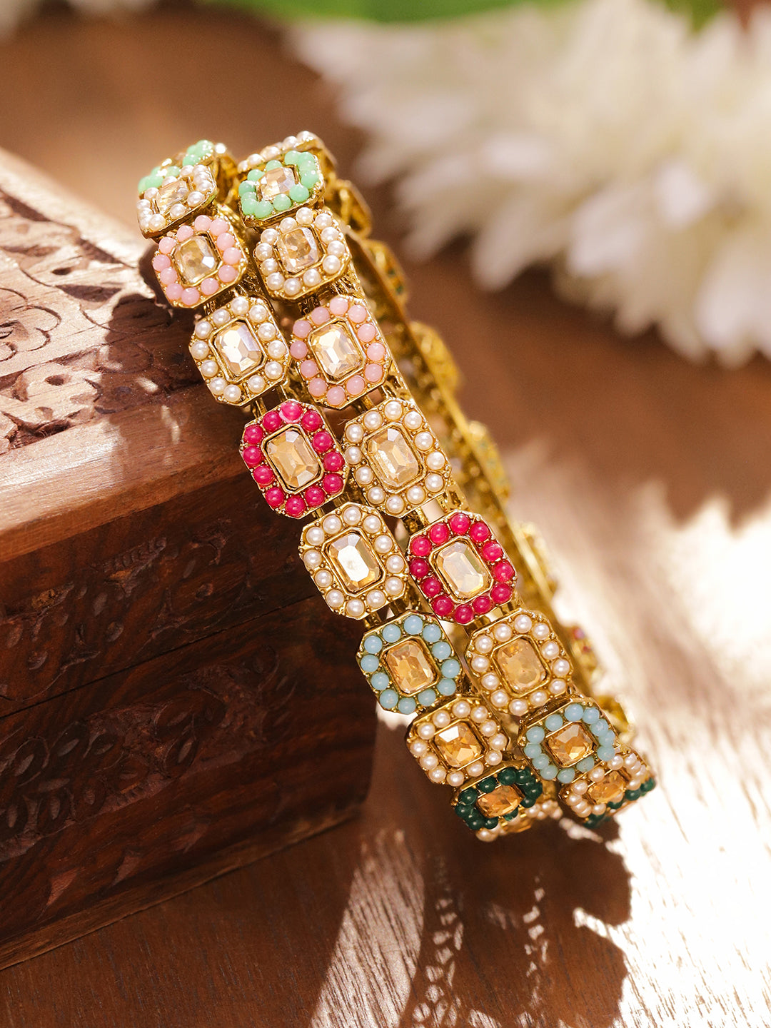Gold Toned Multicolor Beaded Bangles Set Of 2