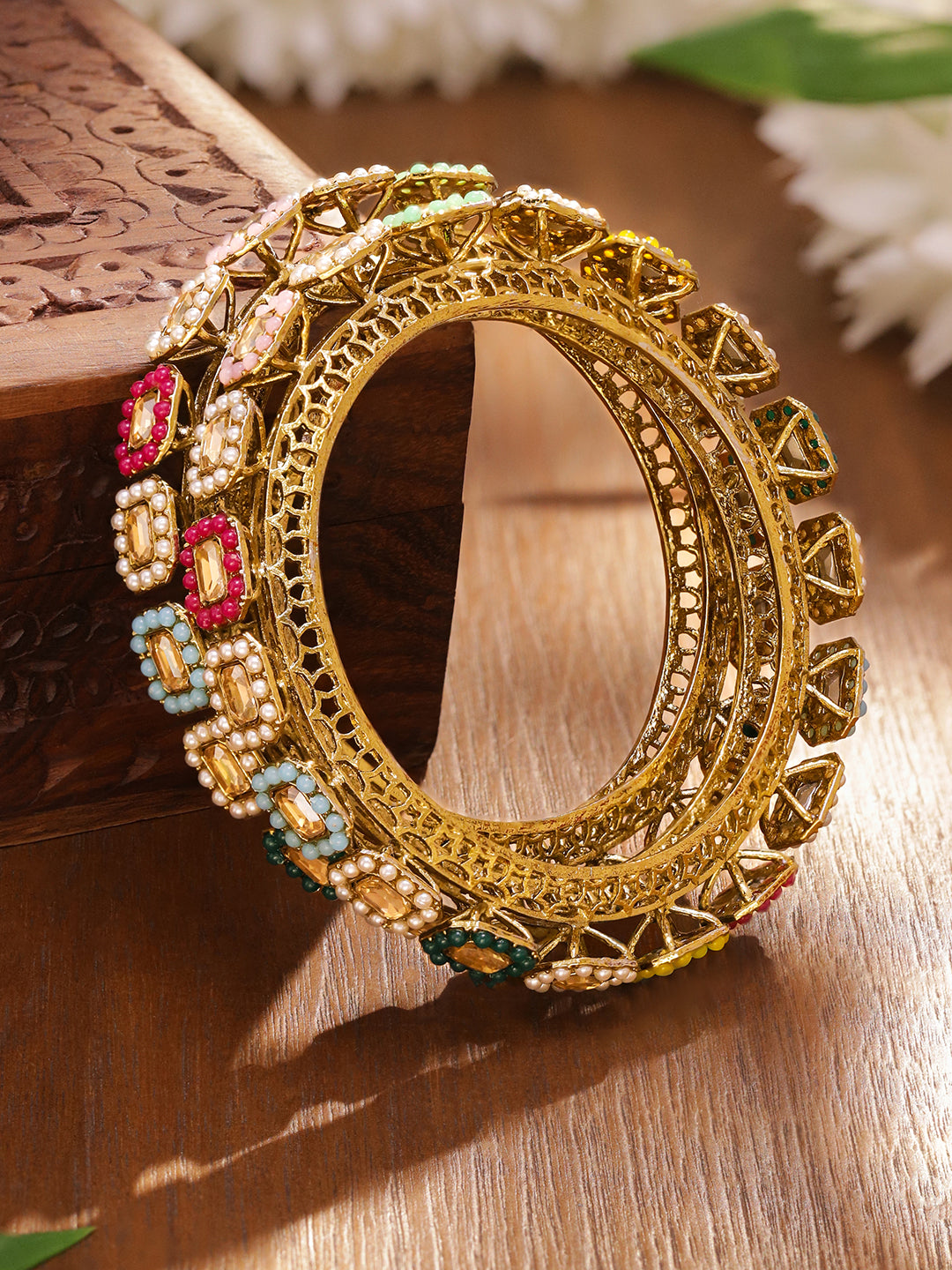 Gold Toned Multicolor Beaded Bangles Set Of 2