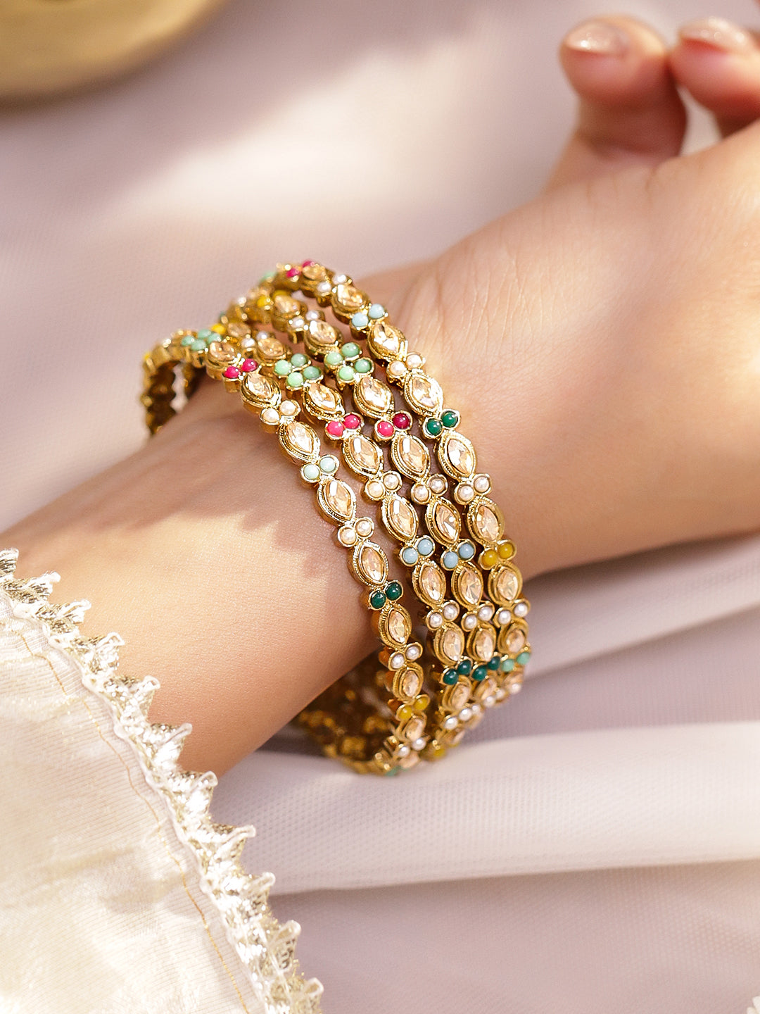 Gold Toned Multicolor Kundan Bangles Set Of 4