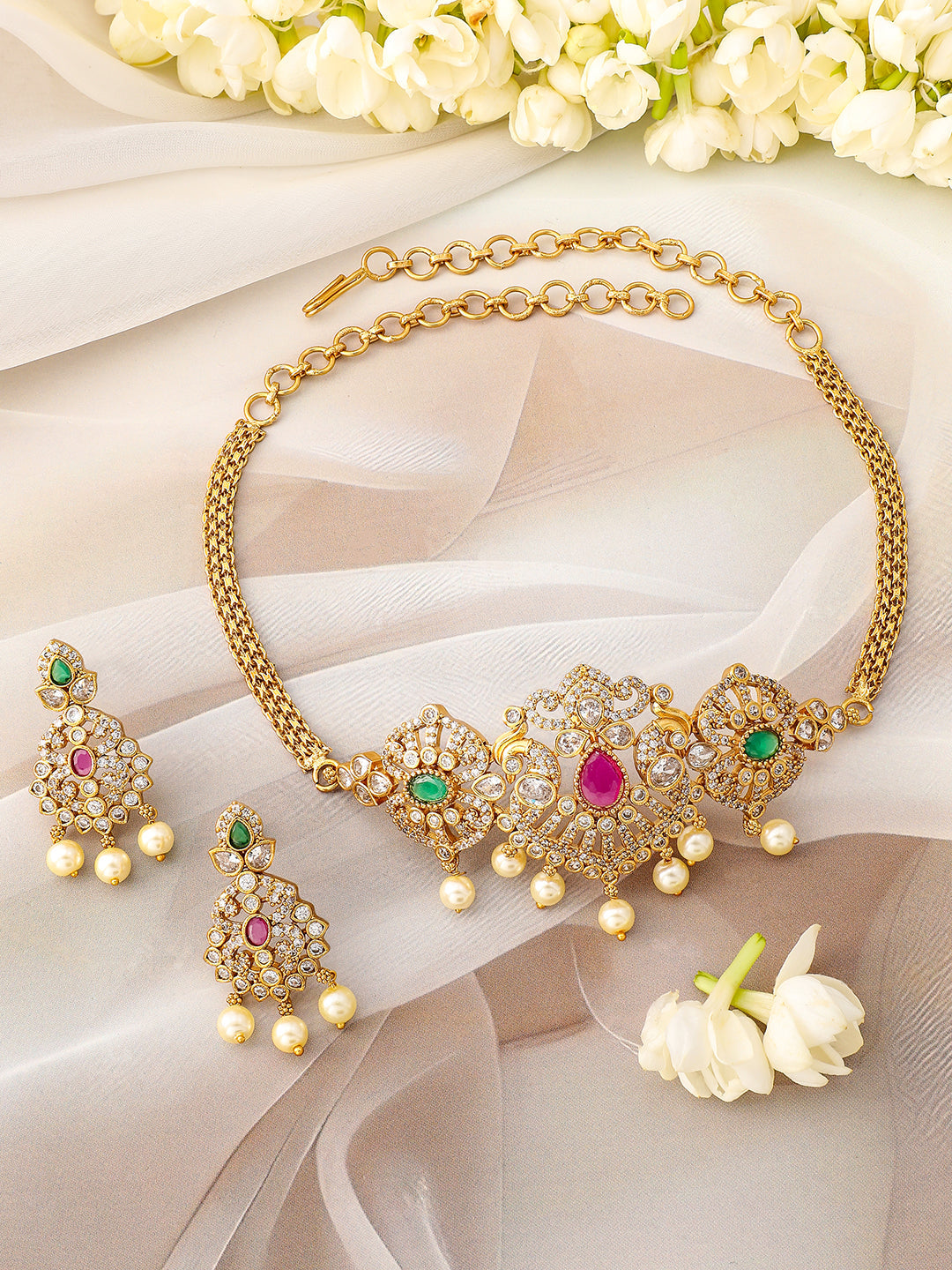American Diamond Zirconia Necklace Gold Toned Set