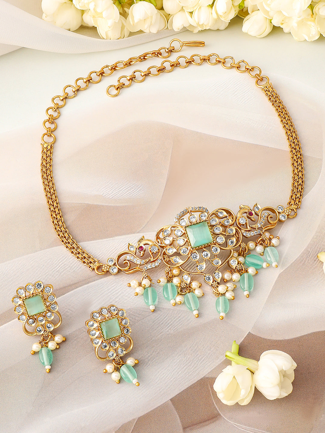 American Diamond Zirconia Green Beads Necklace Set