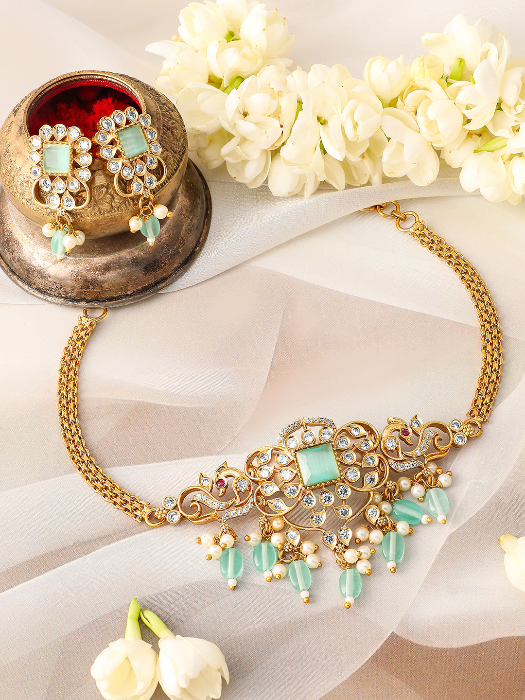 American Diamond Zirconia Green Beads Necklace Set