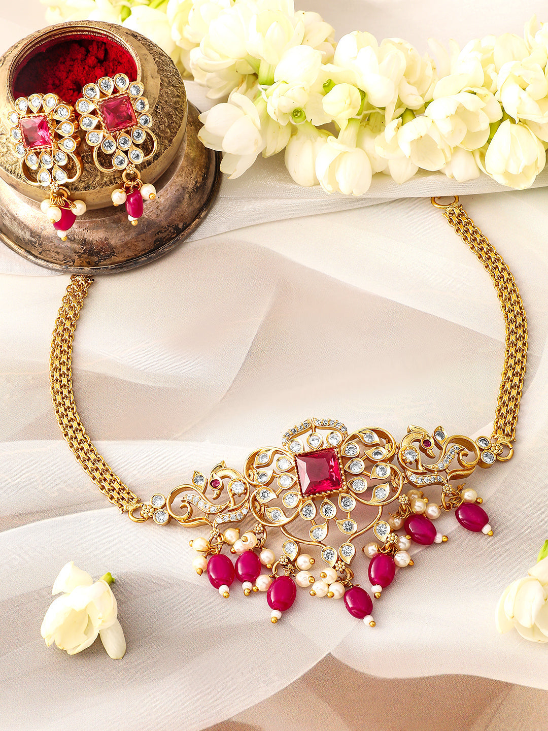 Red & White American Diamond Zirconia Necklace Set