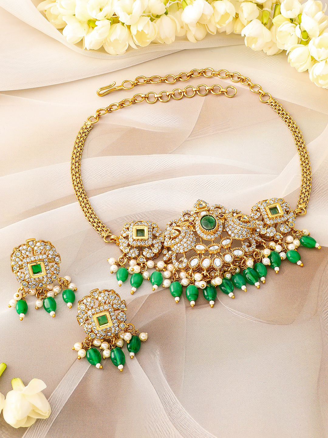 Green Beaded American Diamond Zirconia Necklace Set