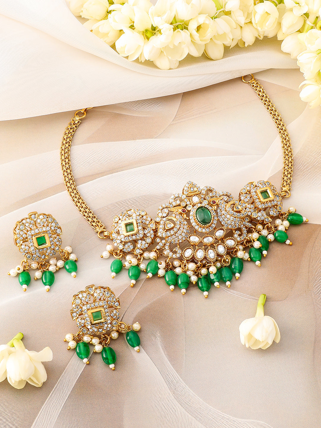 Green Beaded American Diamond Zirconia Necklace Set