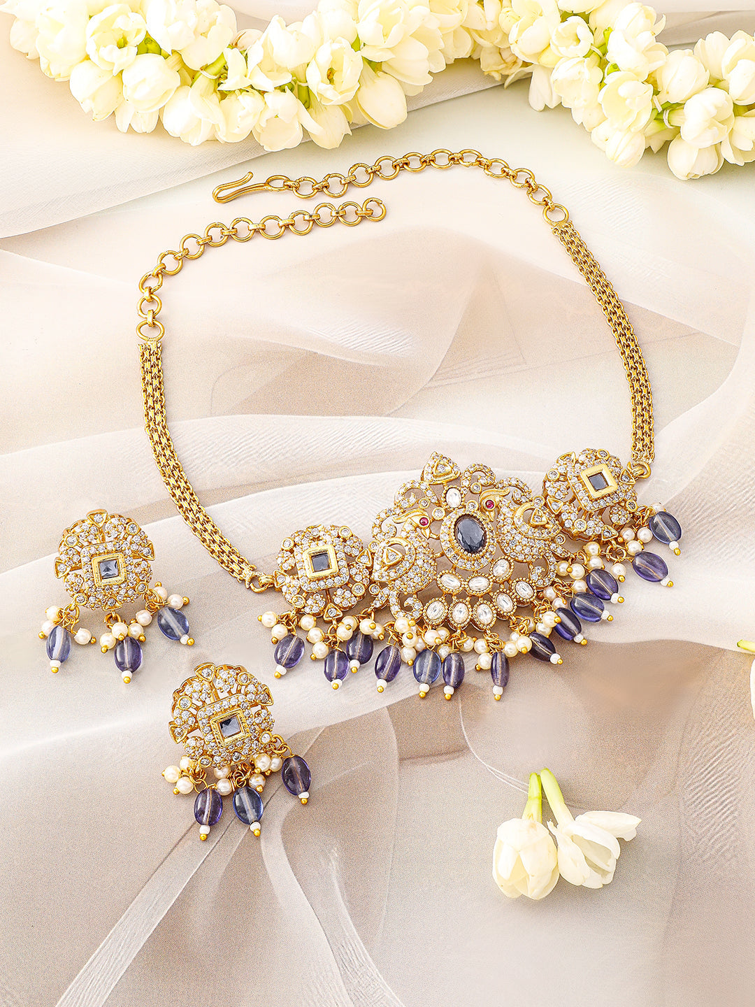 American Diamond Zirconia Blue Beaded Necklace Set