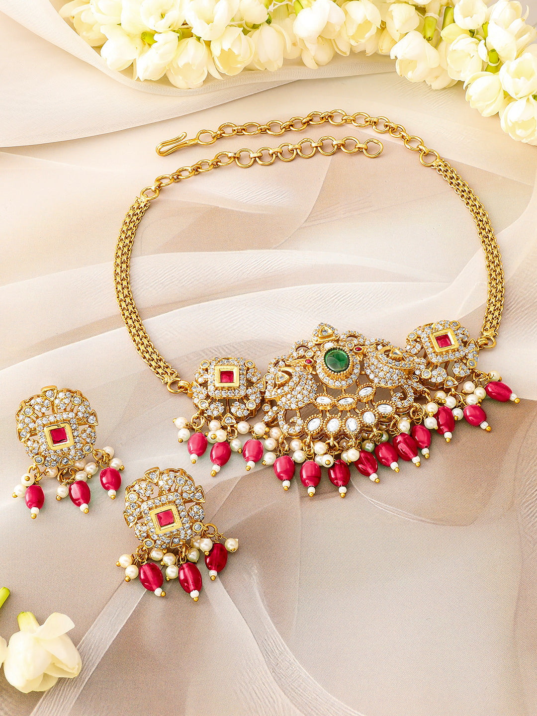 American Diamond Zirconia Red Beads Necklace Set