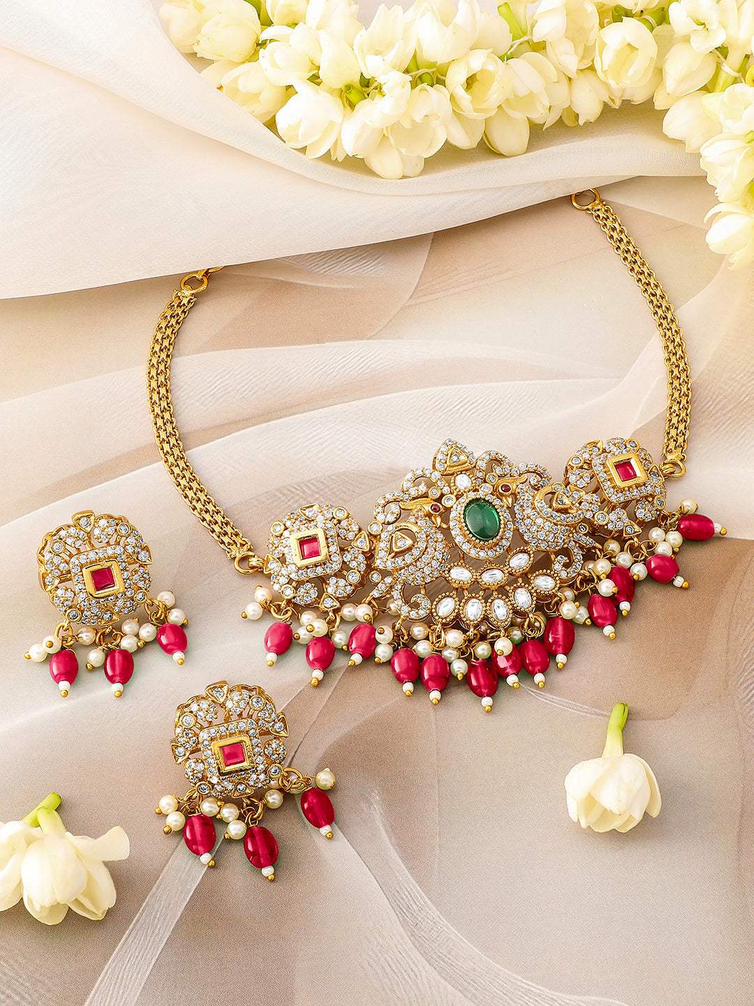 American Diamond Zirconia Red Beads Necklace Set