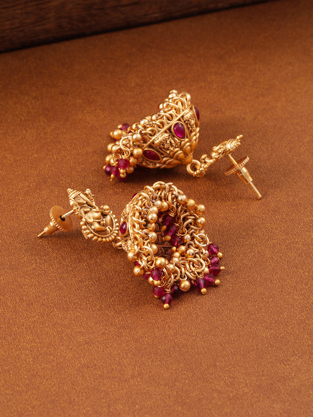 Temple Glow Lord Ganesha Motif Red Jhumka