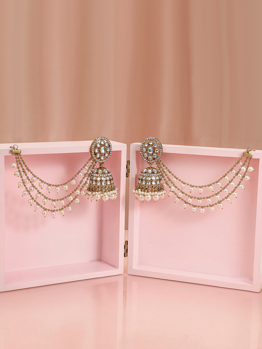 Splendid White Kundan Jhumka with Kaan Chain