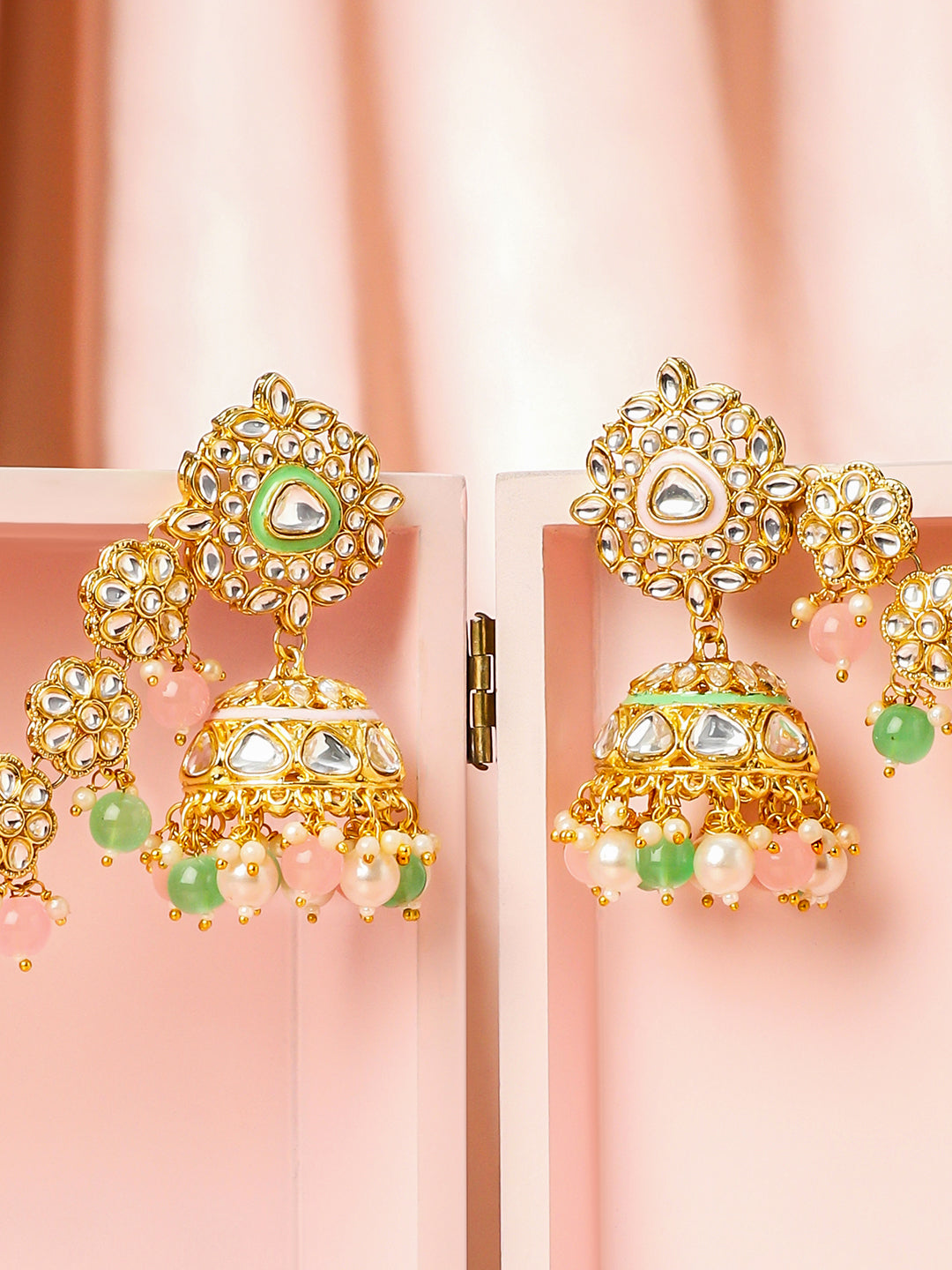 Royal Kaan Chain Kundan Mint Green Jhumka Earrings