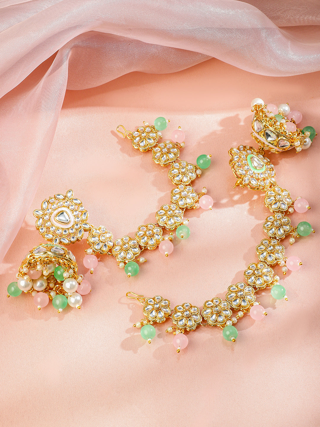 Royal Kaan Chain Kundan Mint Green Jhumka Earrings