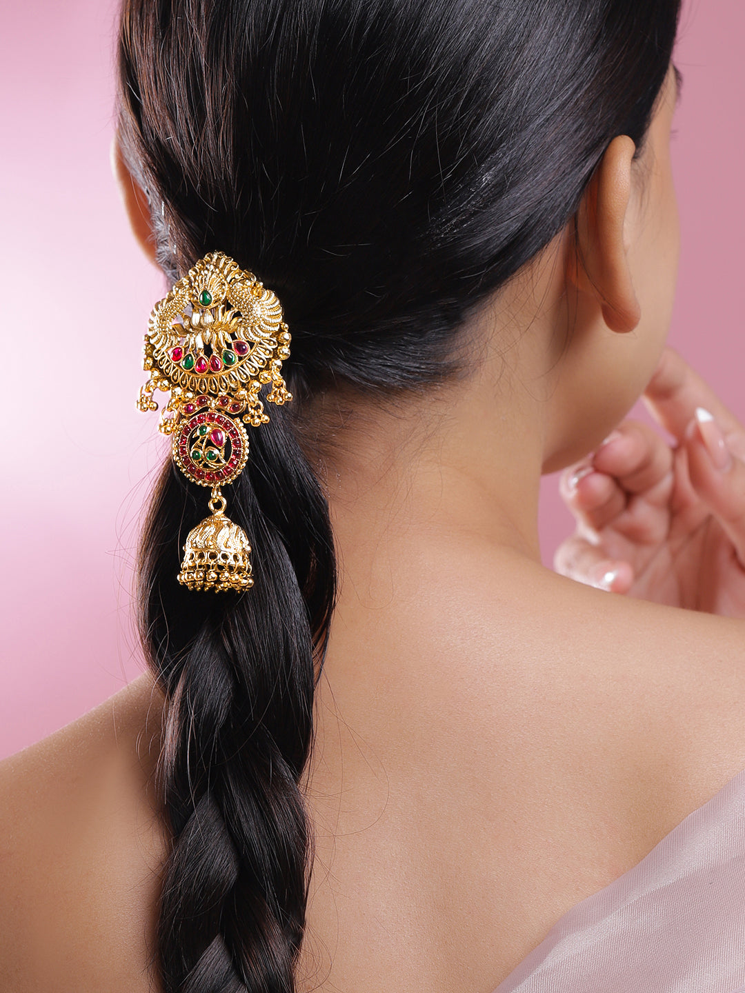 Wentra 18K Gold-Plated Ruby Pink & Emerald Green Stone Studded Temple Braid Hair Accessory with Jhumka Drop