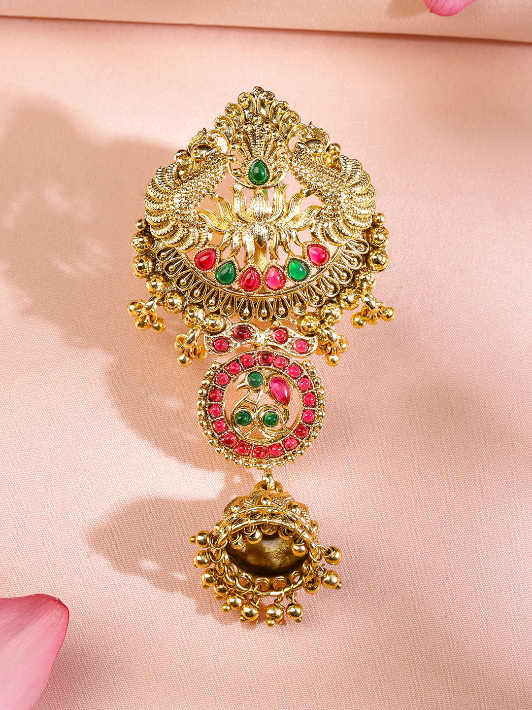 Wentra 18K Gold-Plated Ruby Pink & Emerald Green Stone Studded Temple Braid Hair Accessory with Jhumka Drop