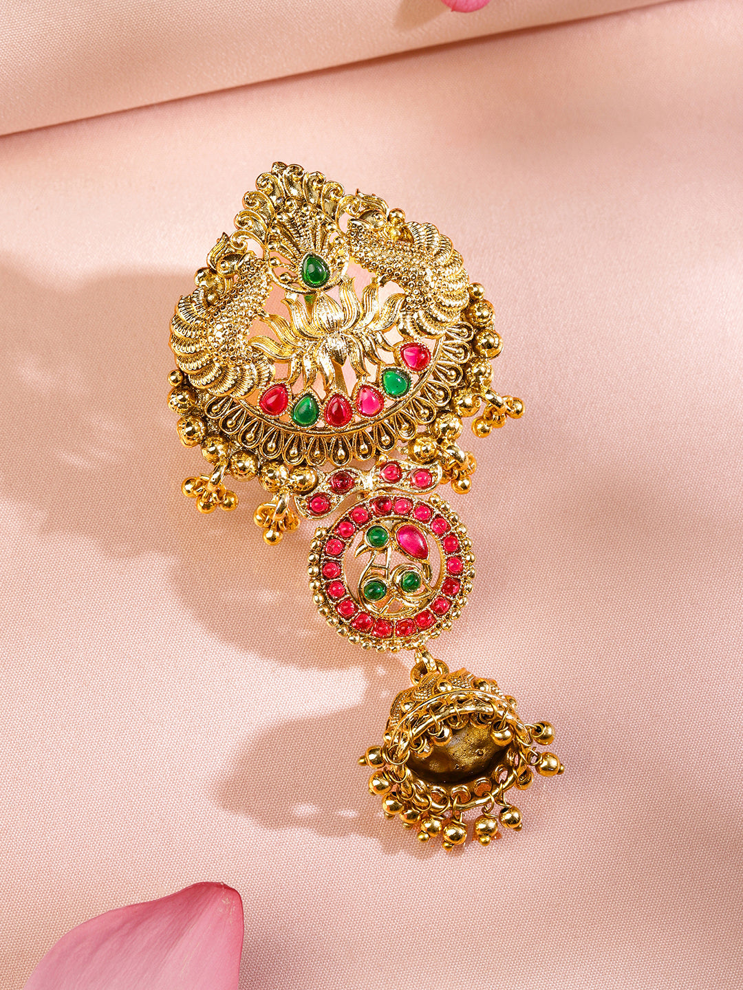 Wentra 18K Gold-Plated Ruby Pink & Emerald Green Stone Studded Temple Braid Hair Accessory with Jhumka Drop