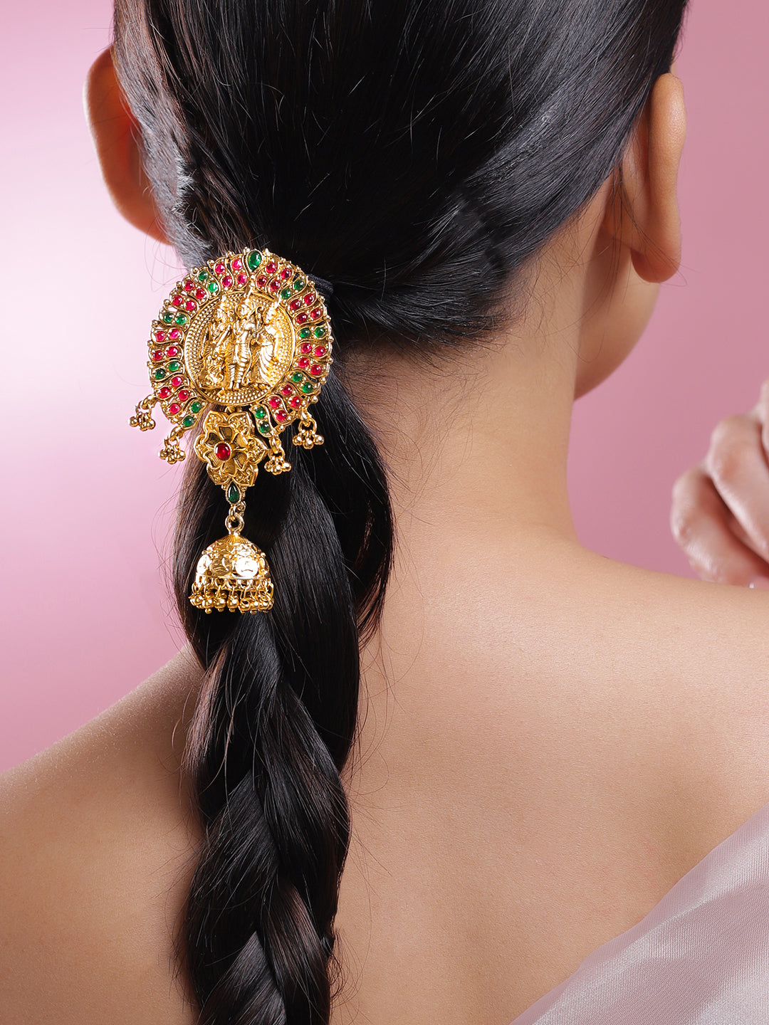 Wentra 22K Gold-Plated Ruby Pink & Emerald Green Stone Studded Ram Darbar Temple Braid Hair Accessory with Jhumka Drop