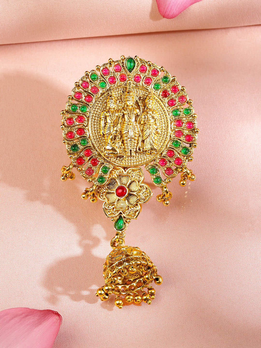 Wentra 22K Gold-Plated Ruby Pink & Emerald Green Stone Studded Ram Darbar Temple Braid Hair Accessory with Jhumka Drop
