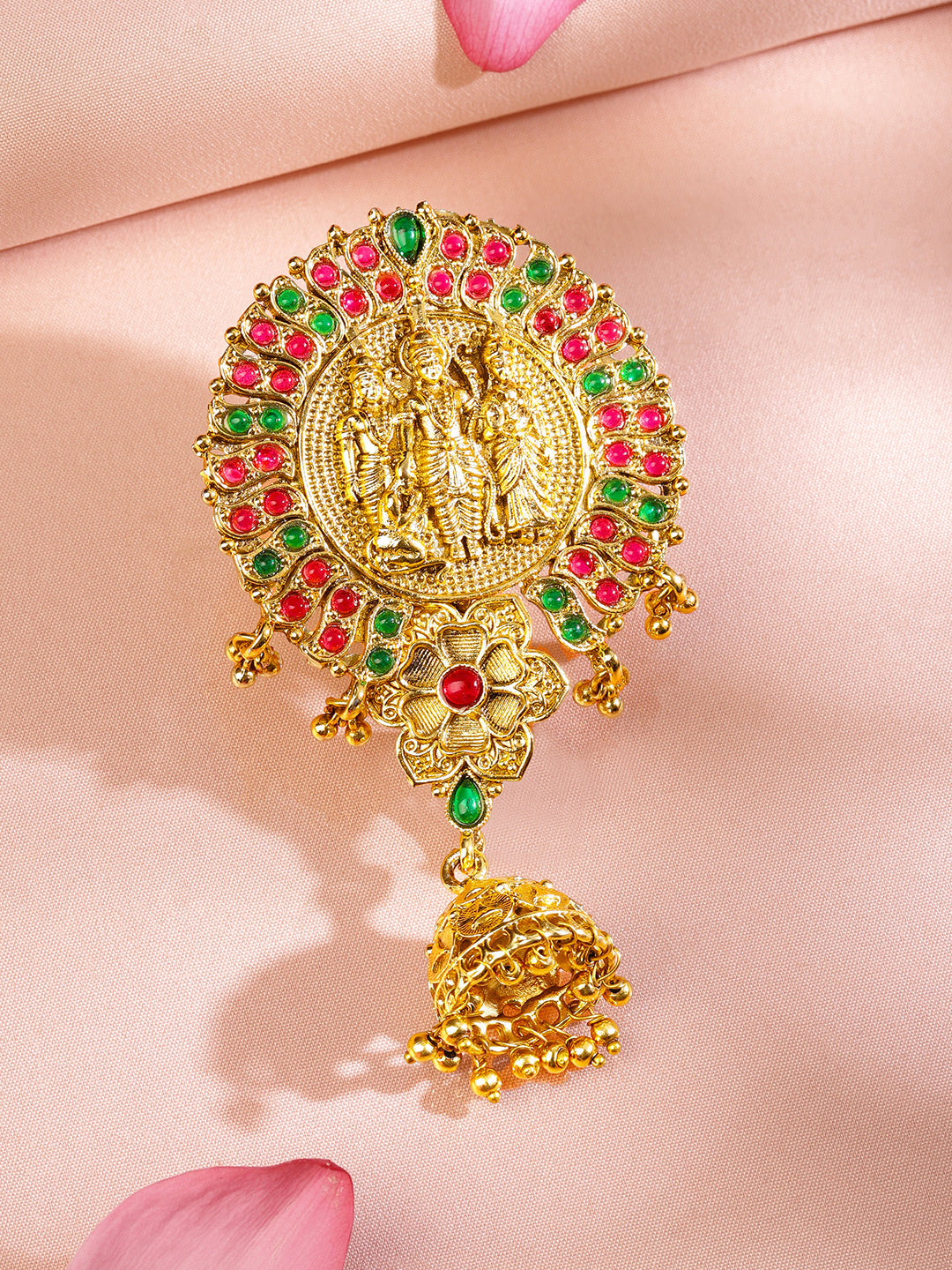 Wentra 22K Gold-Plated Ruby Pink & Emerald Green Stone Studded Ram Darbar Temple Braid Hair Accessory with Jhumka Drop