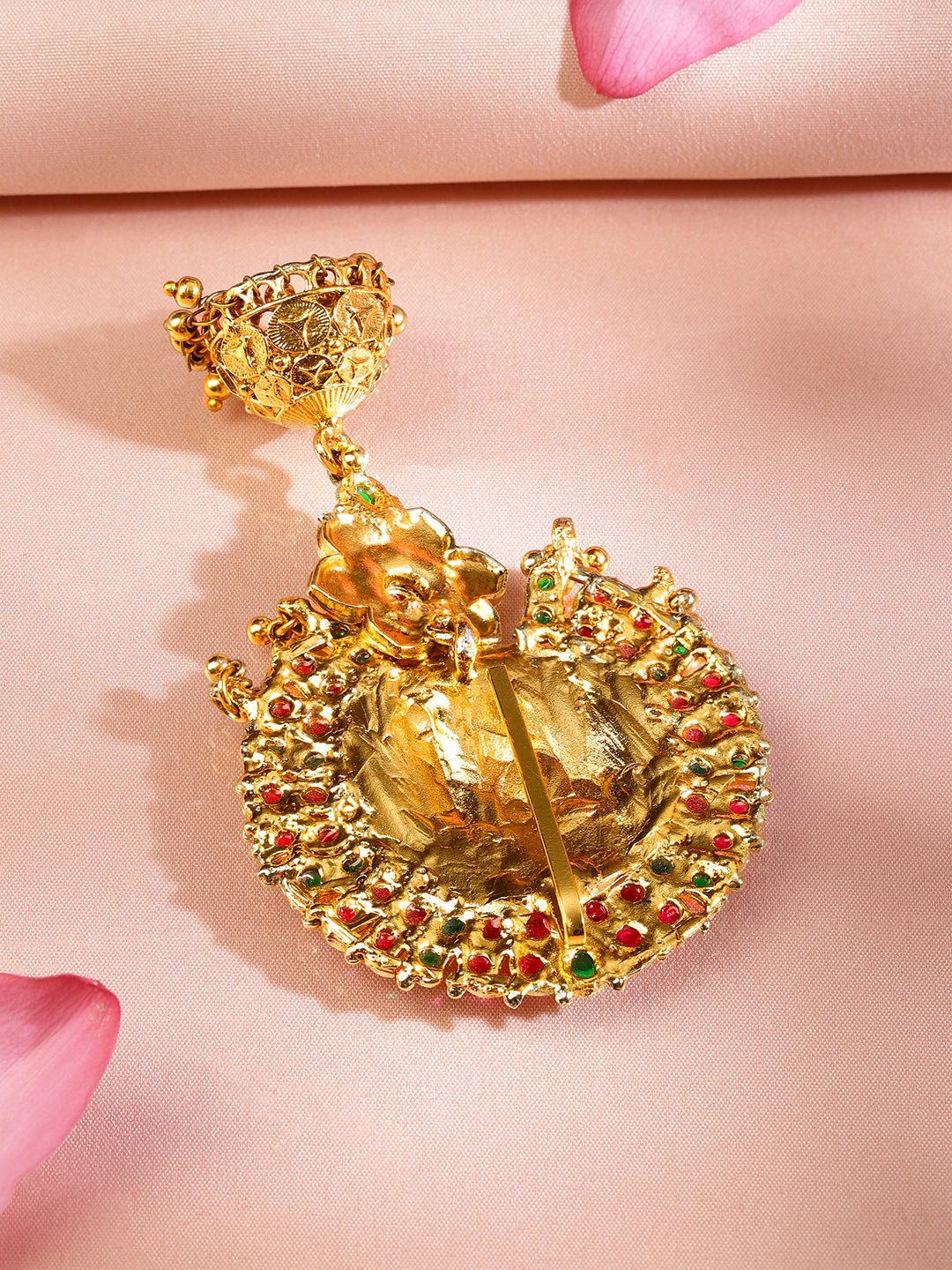 Wentra 22K Gold-Plated Ruby Pink & Emerald Green Stone Studded Ram Darbar Temple Braid Hair Accessory with Jhumka Drop