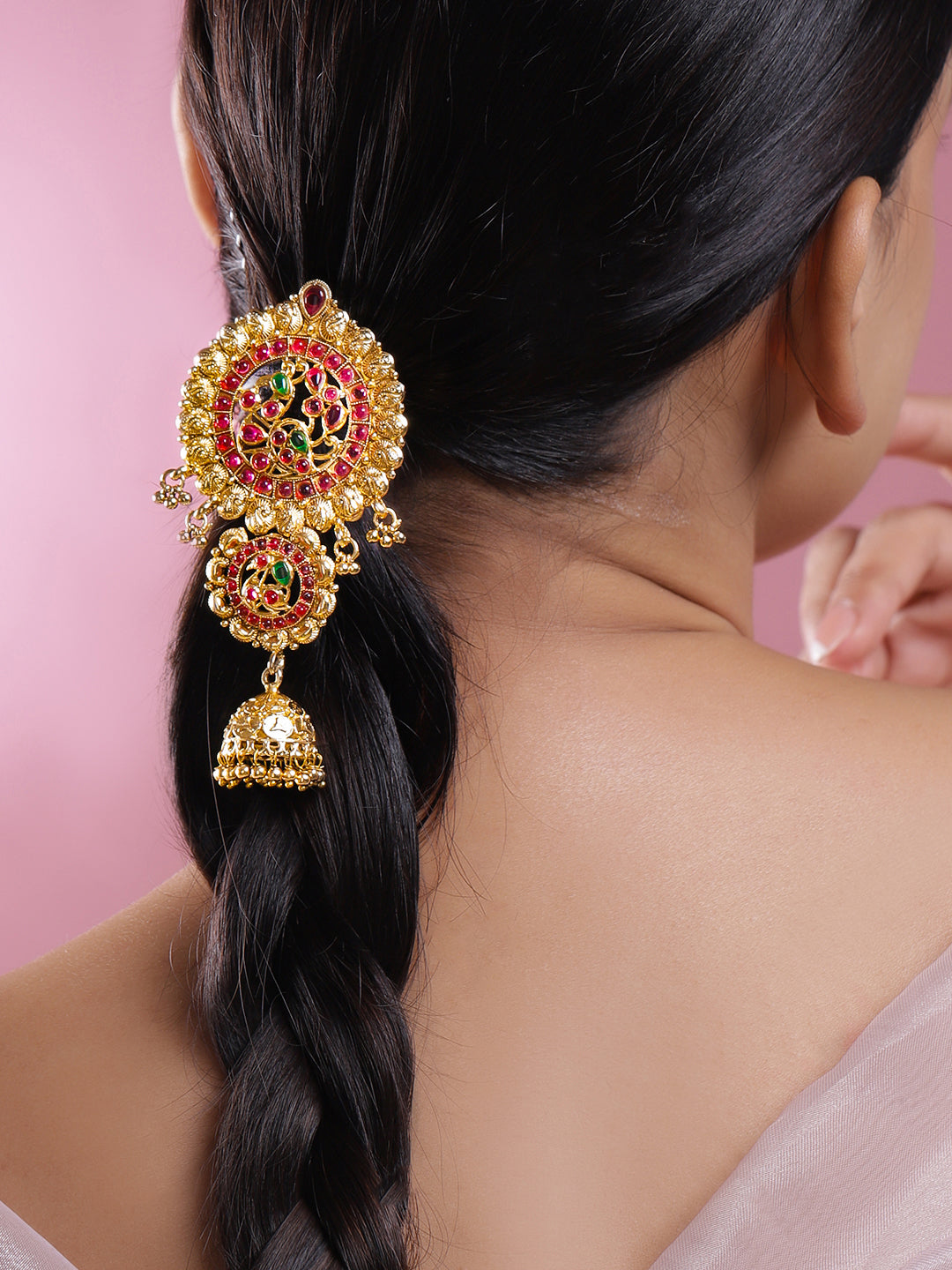 Wentra 22K Gold-Plated Ruby Pink & Emerald Green Stone Studded Braid Hair Accessory with Golden Beads Drop