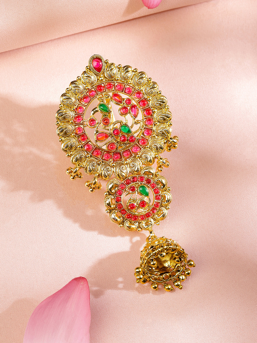 Wentra 22K Gold-Plated Ruby Pink & Emerald Green Stone Studded Braid Hair Accessory with Golden Beads Drop