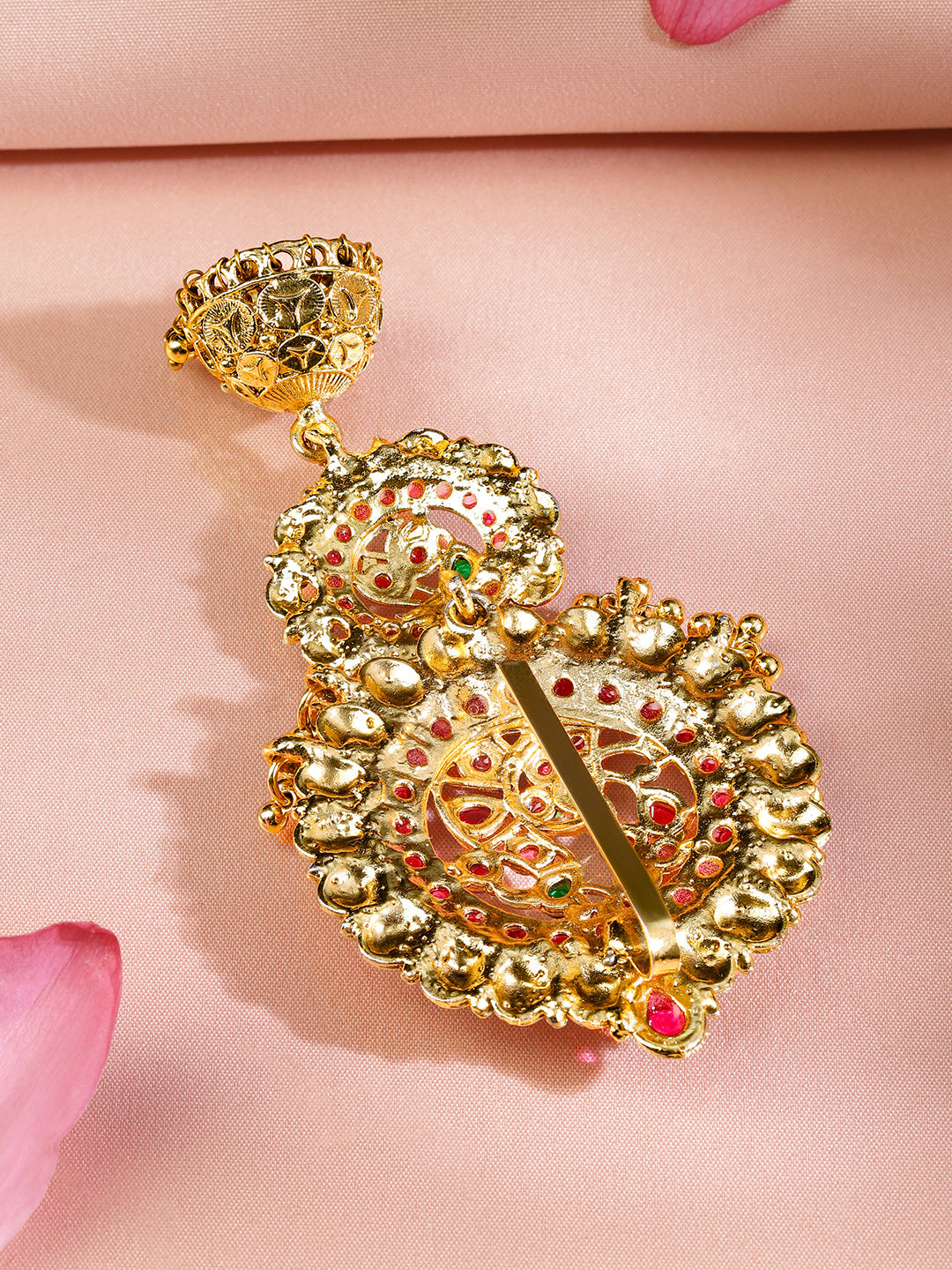 Wentra 22K Gold-Plated Ruby Pink & Emerald Green Stone Studded Braid Hair Accessory with Golden Beads Drop