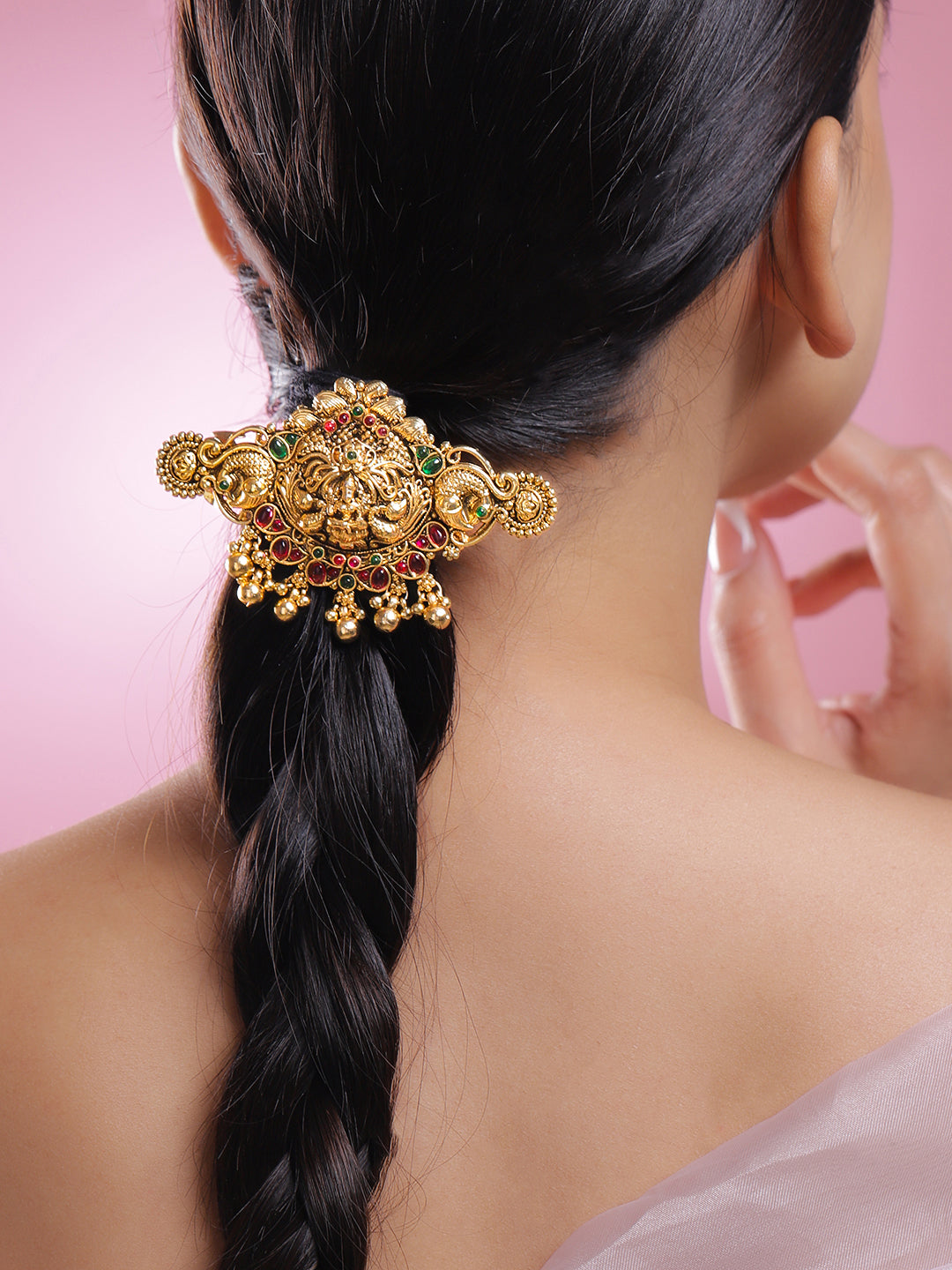 Wentra 22K Gold-Plated Ruby Pink & Emerald Green Stone Studded Goddess Lakshmi Temple Hair Clip with Hanging Beads