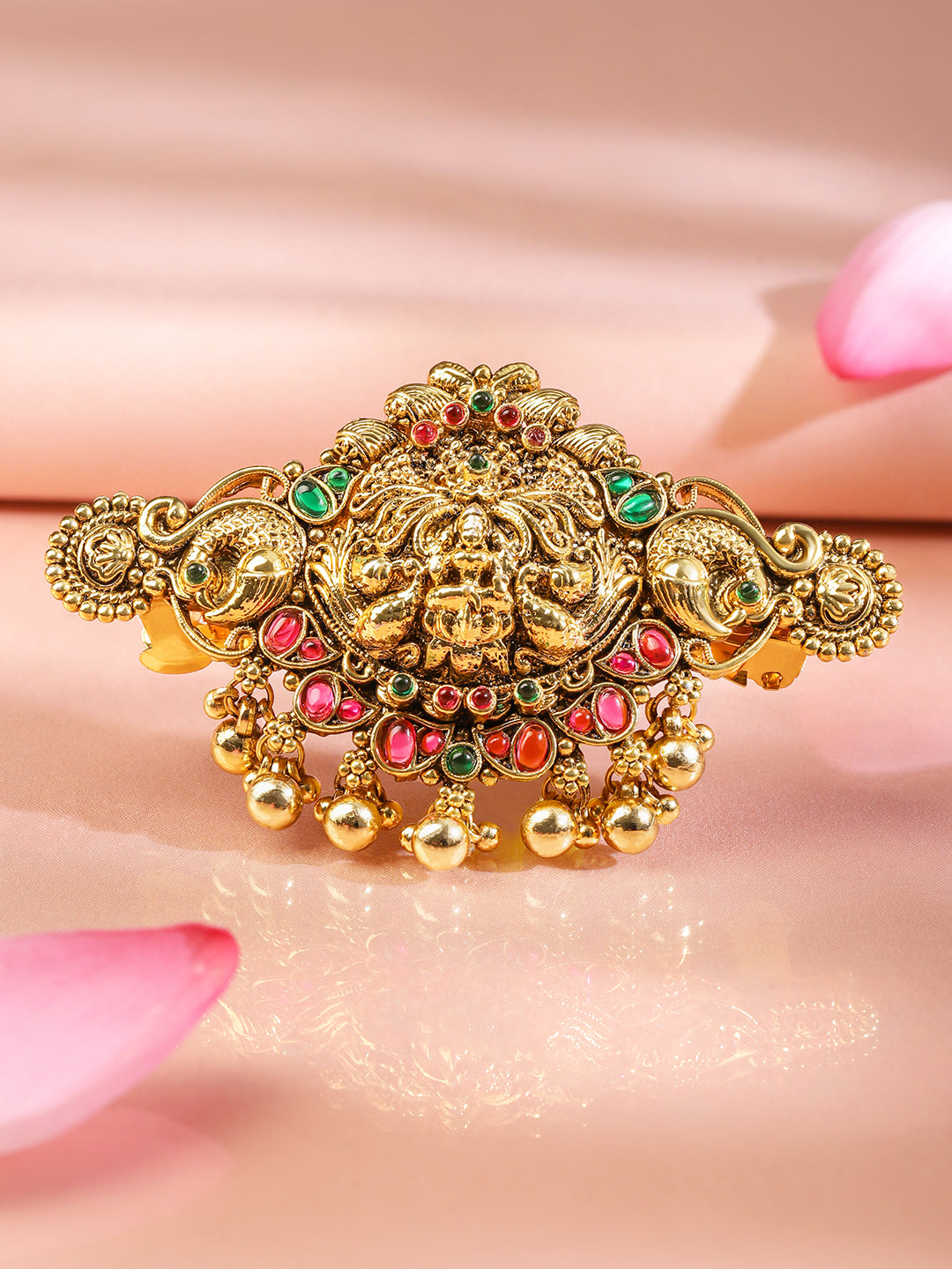 Wentra 22K Gold-Plated Ruby Pink & Emerald Green Stone Studded Goddess Lakshmi Temple Hair Clip with Hanging Beads