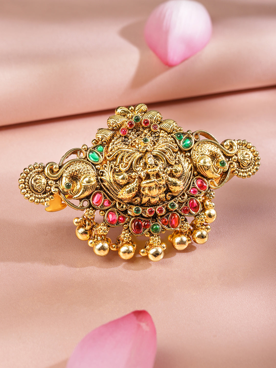 Wentra 22K Gold-Plated Ruby Pink & Emerald Green Stone Studded Goddess Lakshmi Temple Hair Clip with Hanging Beads