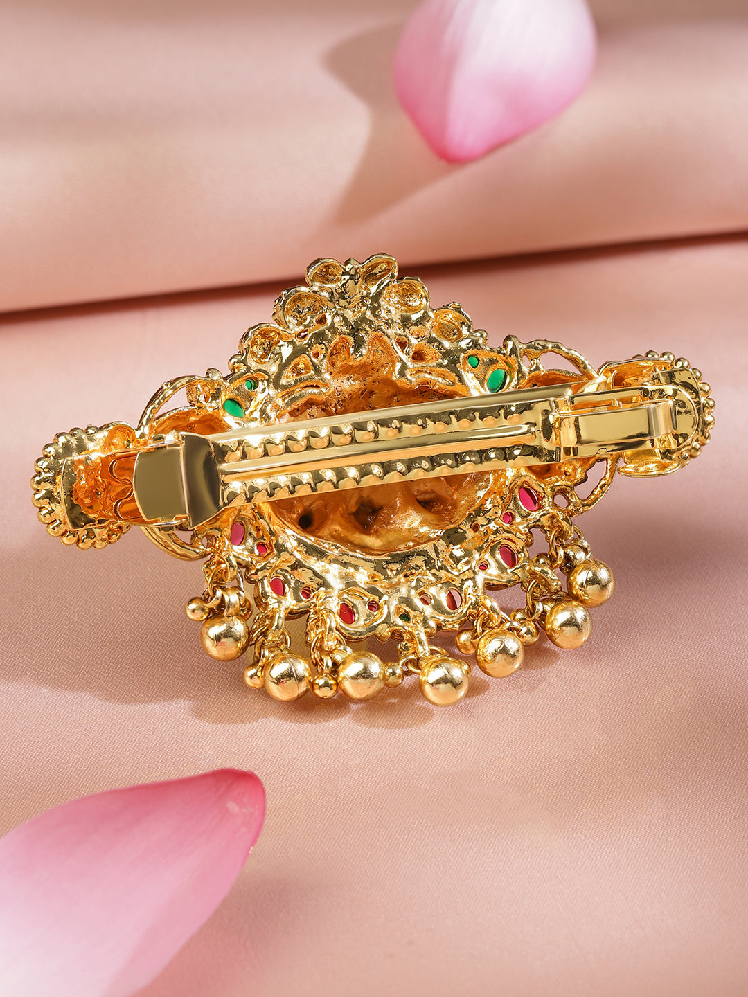 Wentra 22K Gold-Plated Ruby Pink & Emerald Green Stone Studded Goddess Lakshmi Temple Hair Clip with Hanging Beads