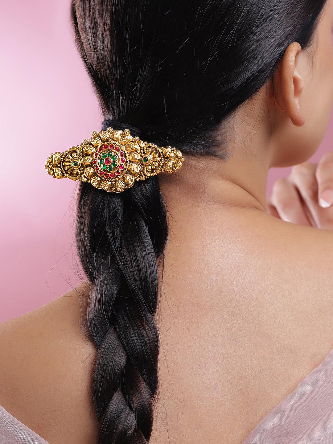 Wentra 22K Gold-Plated Ruby Pink & Emerald Green Stone Studded Floral Temple Hair Clip with Hanging Beads