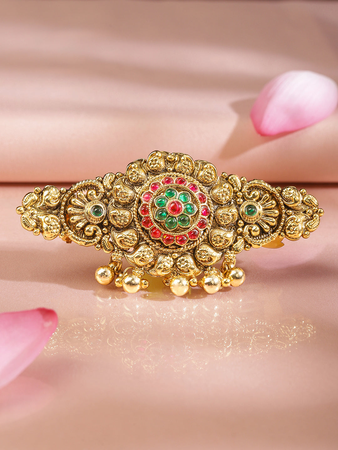 Wentra 22K Gold-Plated Ruby Pink & Emerald Green Stone Studded Floral Temple Hair Clip with Hanging Beads