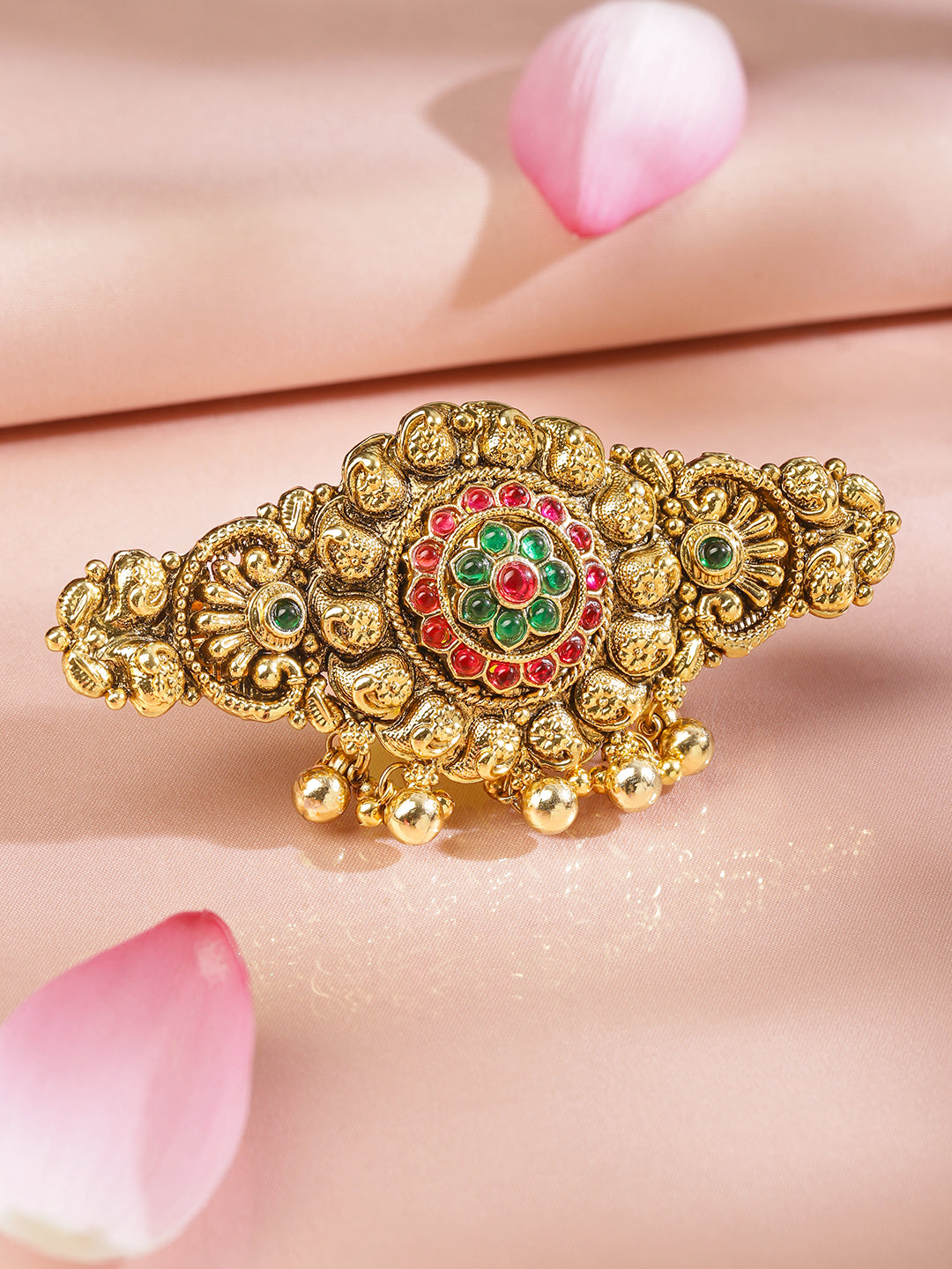Wentra 22K Gold-Plated Ruby Pink & Emerald Green Stone Studded Floral Temple Hair Clip with Hanging Beads