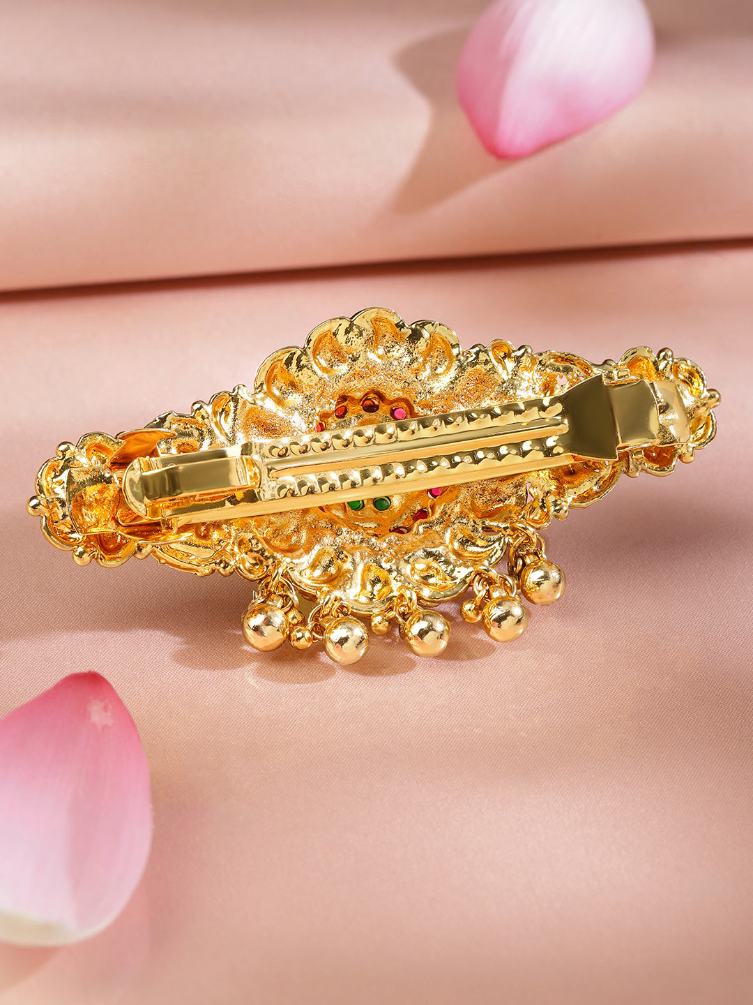 Wentra 22K Gold-Plated Ruby Pink & Emerald Green Stone Studded Floral Temple Hair Clip with Hanging Beads