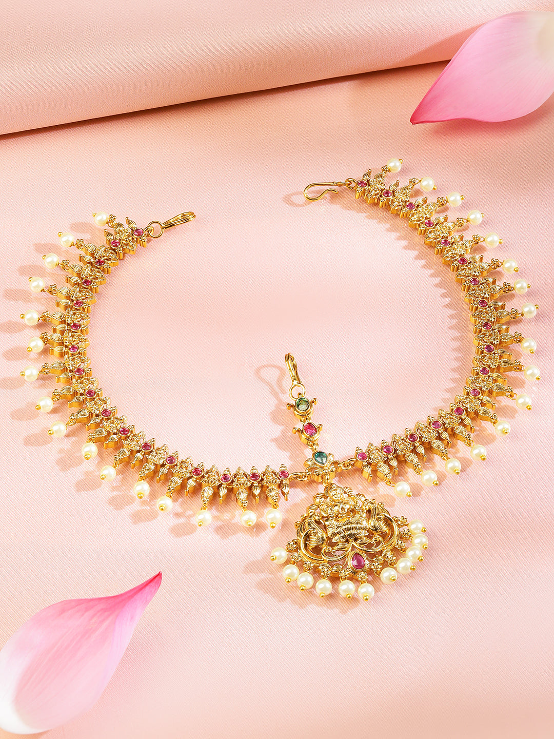 Wentra 22K Gold-Plated Lakshmi Motif Ruby Red & Emerald Green Stone & Pearl Beaded Traditional Bridal Matha Patti