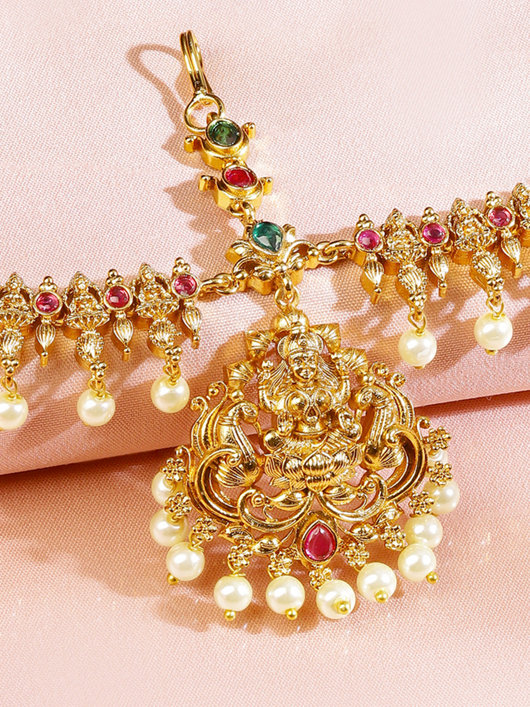 Wentra 22K Gold-Plated Lakshmi Motif Ruby Red & Emerald Green Stone & Pearl Beaded Traditional Bridal Matha Patti