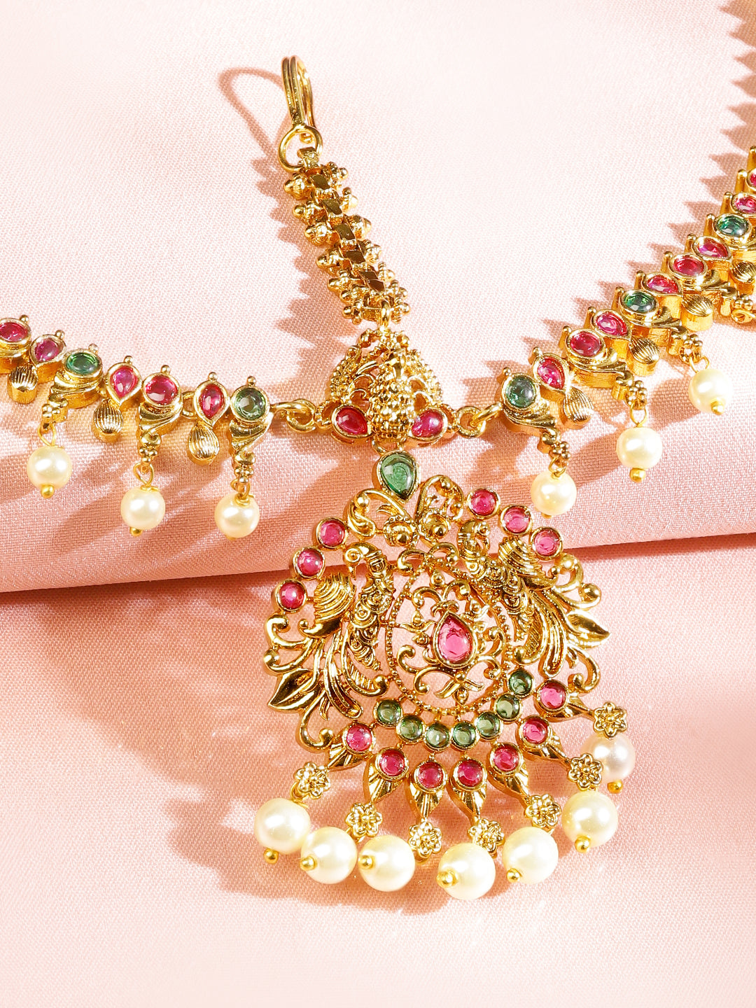 Wentra 22K Gold-Plated Traditional Ruby Green Stone & Pearl Beaded Bridal Matha Patti
