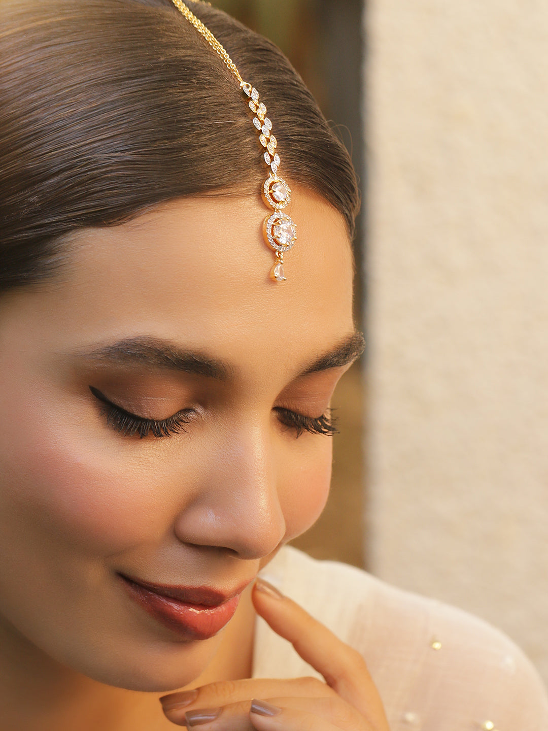 Wentra 22KT Gold-Plated Cubic Zirconia & American Diamond Maang Tikka Head Jewellery