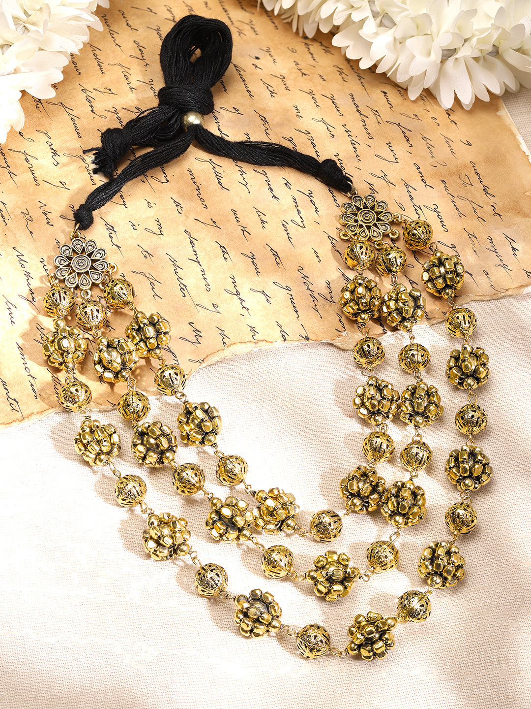 Oxidised Gold Toned Beaded Layered Necklace