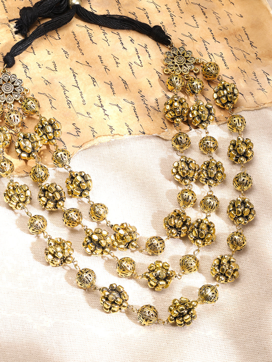 Oxidised Gold Toned Beaded Layered Necklace
