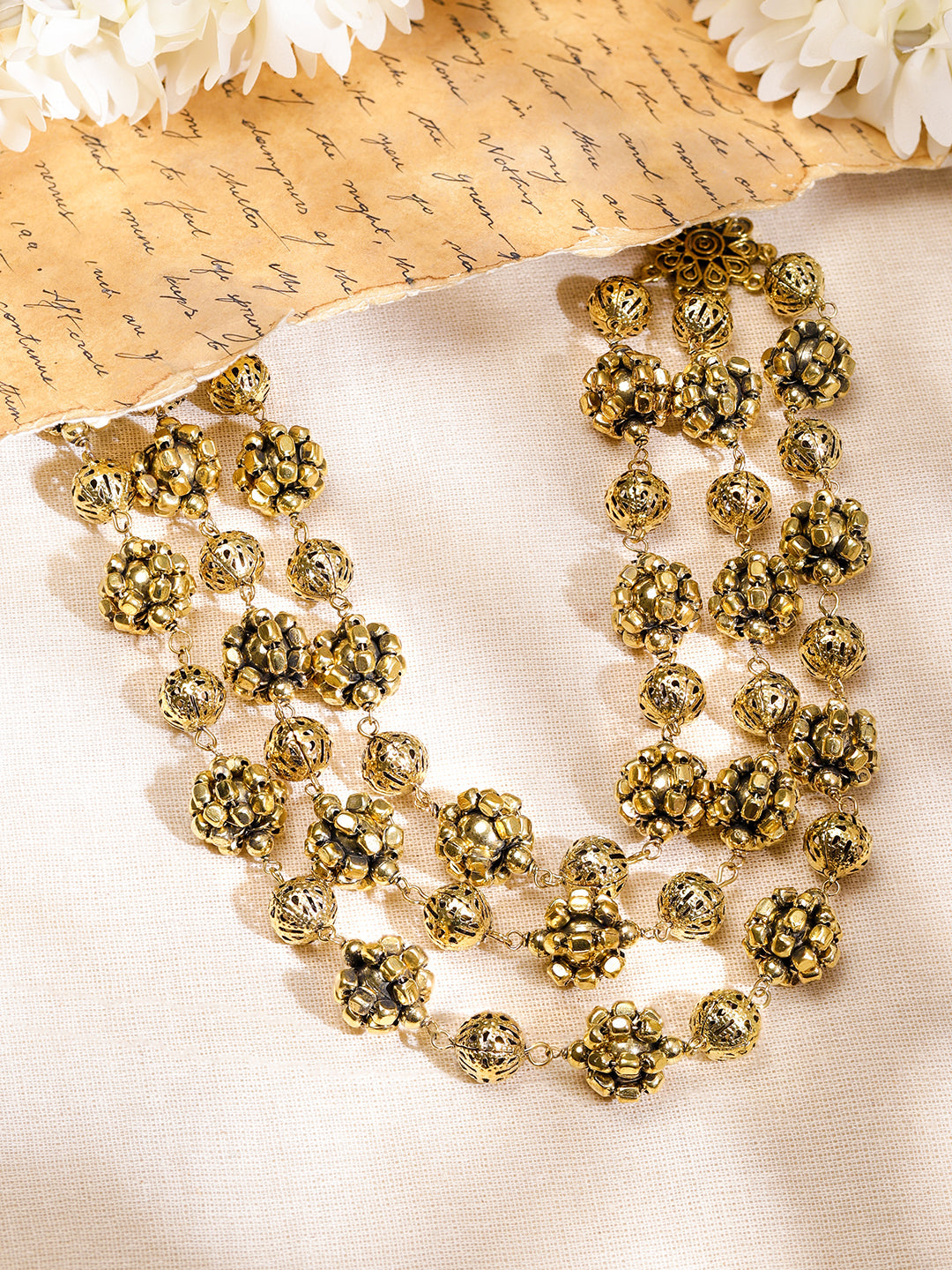 Oxidised Gold Toned Beaded Layered Necklace