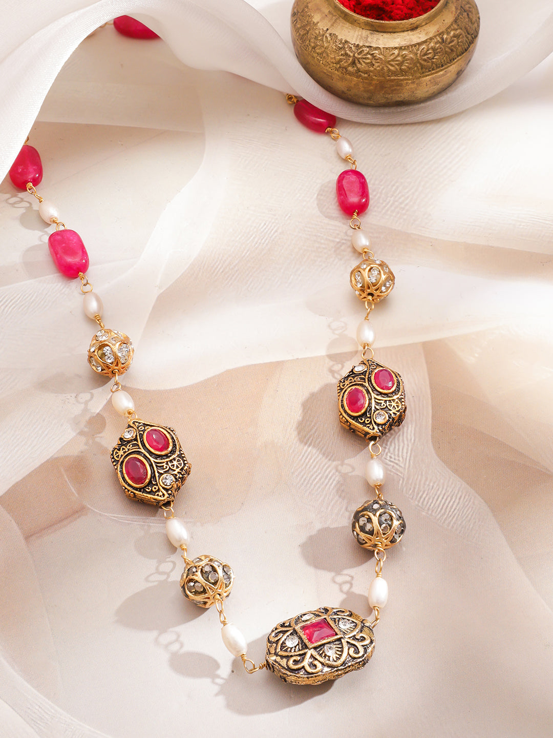 Red & Pearl Beaded Long Necklace Set