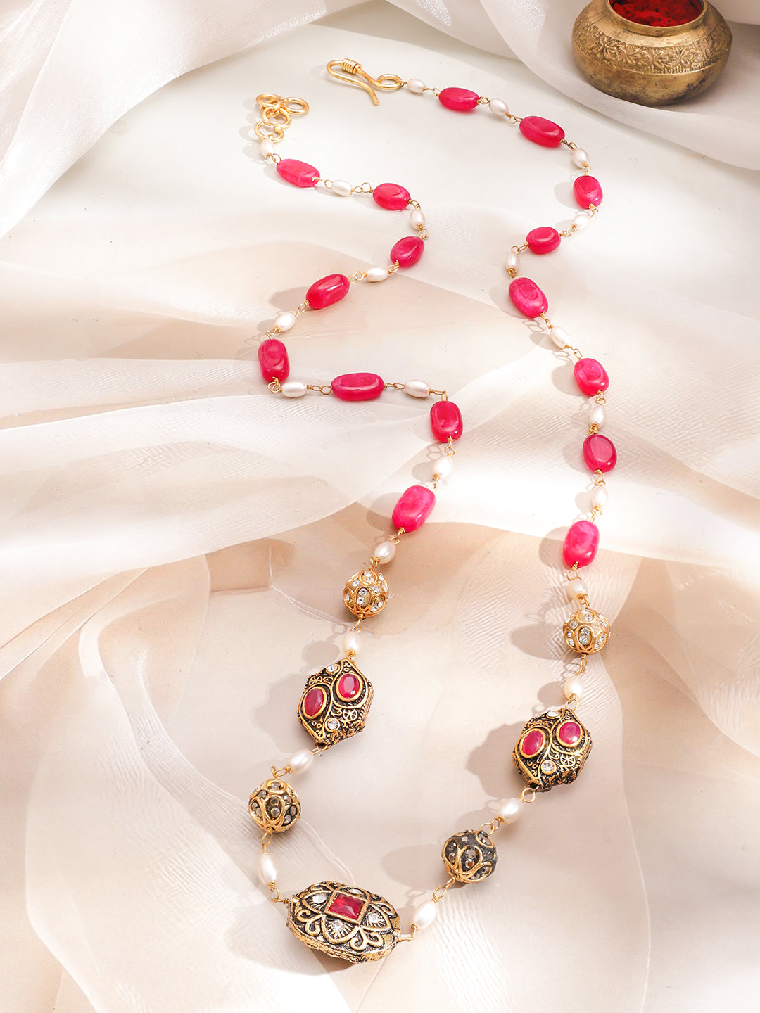 Red & Pearl Beaded Long Necklace Set