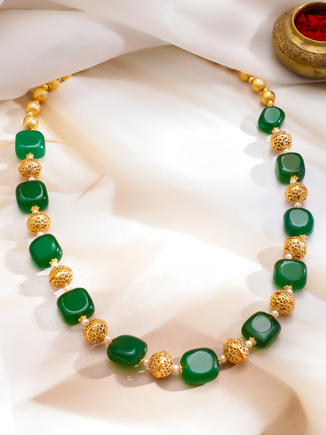 Green Beaded Gold toned Necklace