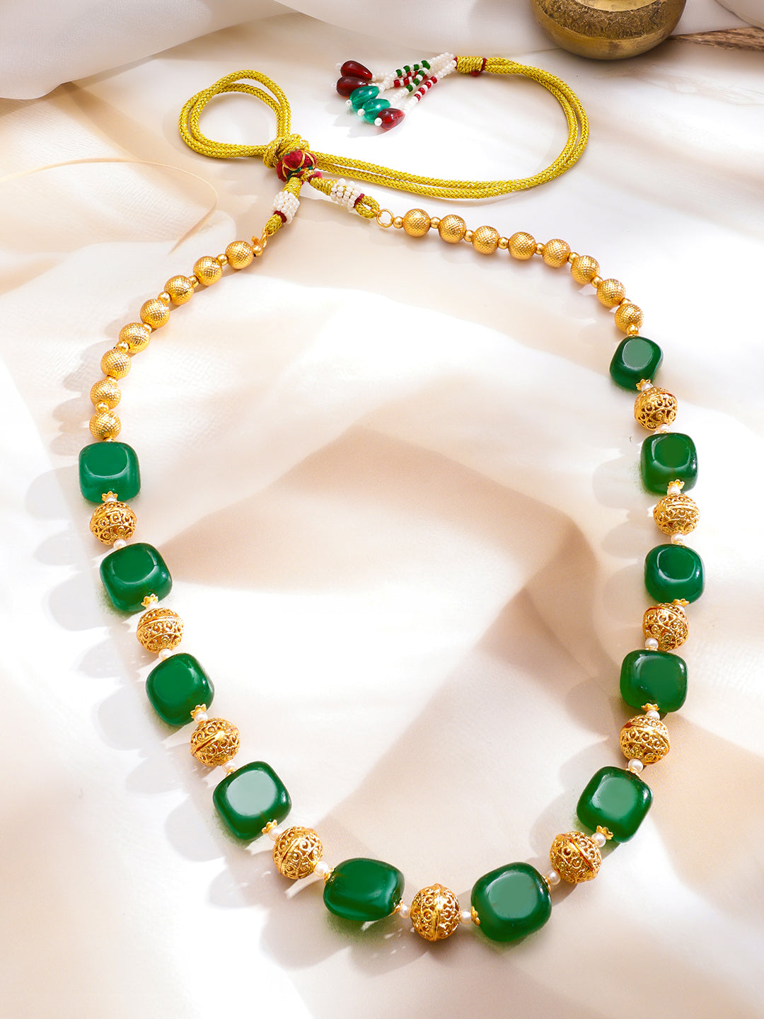 Green Beaded Gold toned Necklace