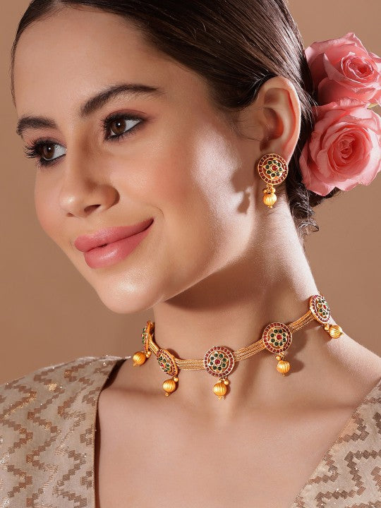 Wentra Gold Plated Handcrafted Red & Green Stone Studded Necklace Set.