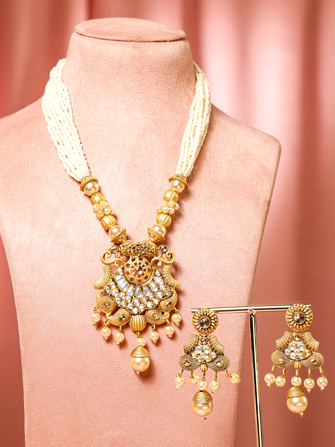 Wentra 22K Gold-Plated White Kundan & Pearl Studded and Beaded Multi-Strand Necklace Set