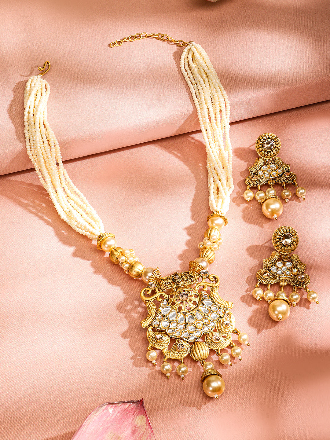 Wentra 22K Gold-Plated White Kundan & Pearl Studded and Beaded Multi-Strand Necklace Set