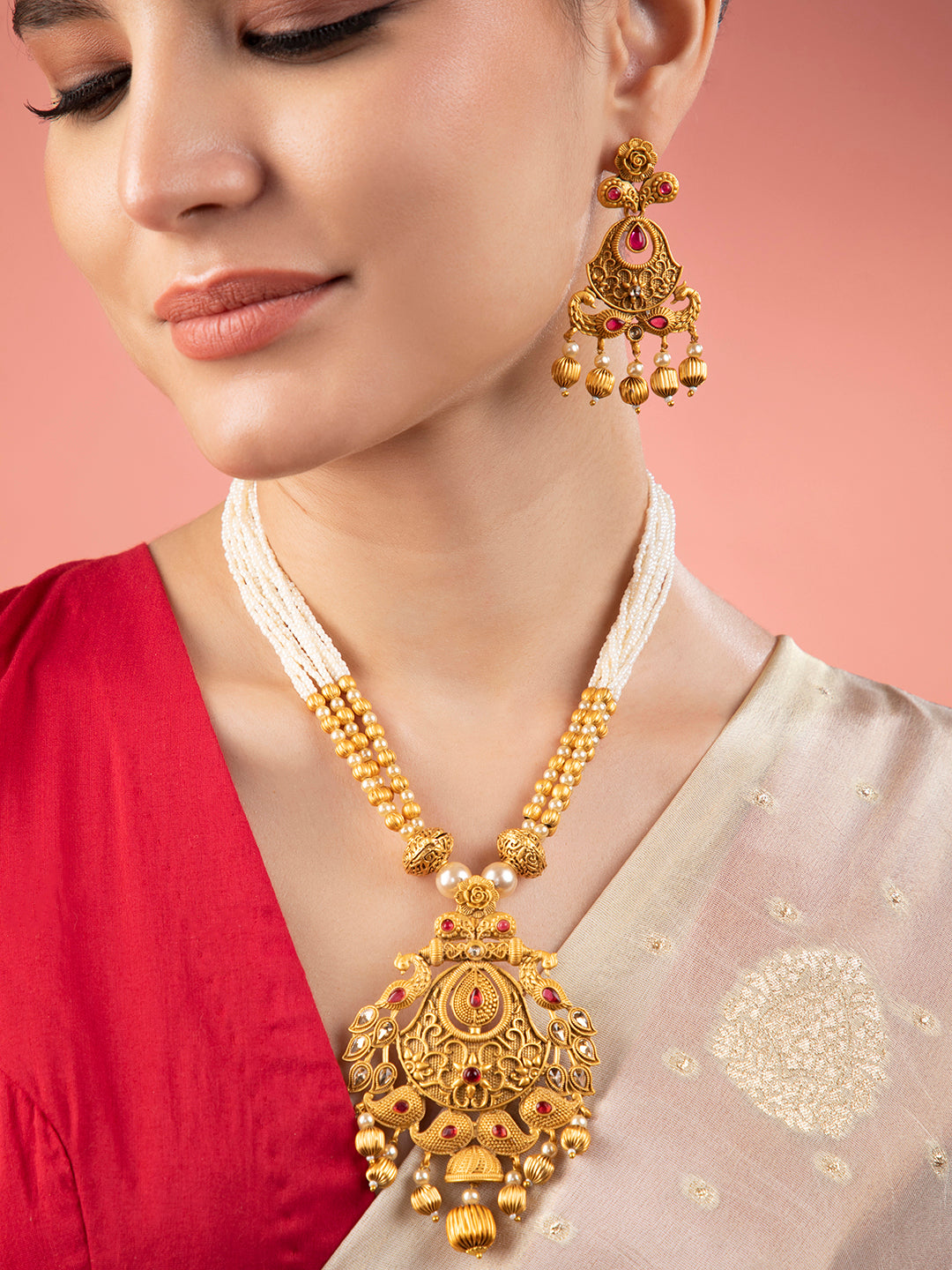 Wentra 24K Gold Plated Ruby Studded Golden & Pearl Beaded MultiStrand Temple Jewellery Set