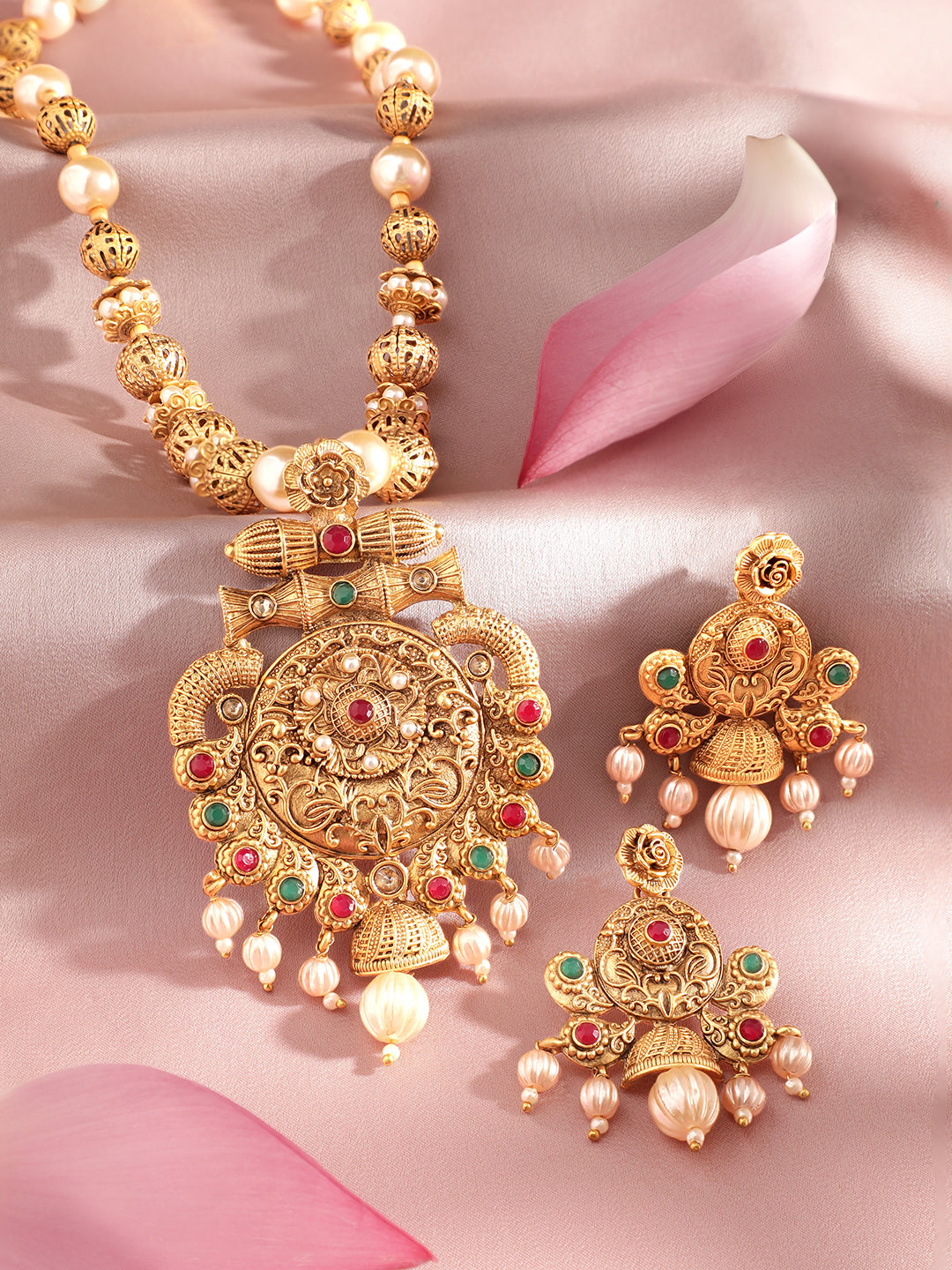 Wentra 24K Gold Plated Ruby & Emerald Stones and Pearl & Golden Beads Temple Jewelry Set